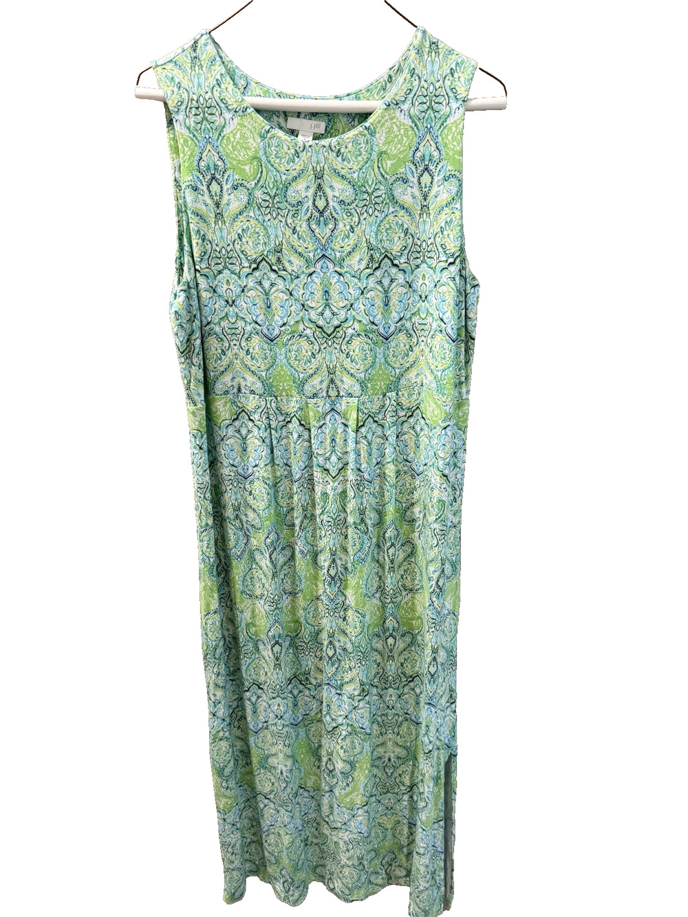 J Jill Green/Teal Paisley Cotton Midi Dress Womens Size M Side Slit Boho Beachy